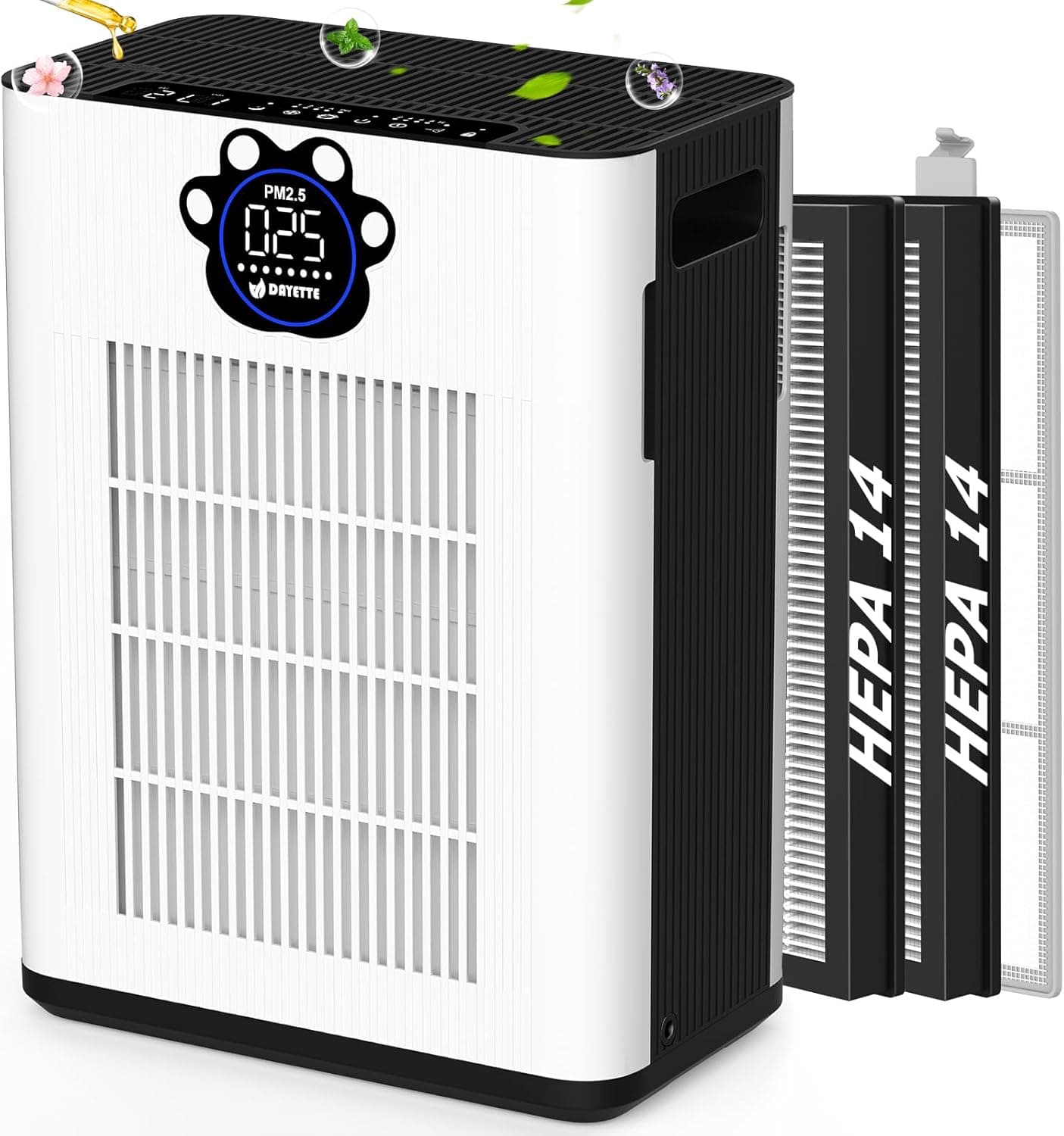 DAYETTE 대형 거실용 공기청정기 (최대 3400 Ft2) H14 헤파 필터 2개 이중 공기 흡입구 PM2.5 &amp; TVOC 센서 반려동물 모드 White+3400 Sq